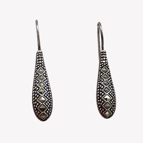 Vtg Art Deco Marcasite Sterling Silver Signed 925 A Teardrop Dangle Earrings - Picture 2 of 6